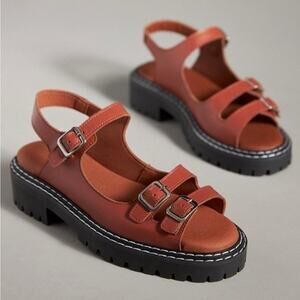 Pilcro by Anthropologie Leather Platform Sandals Lug Sole Brown Size 37